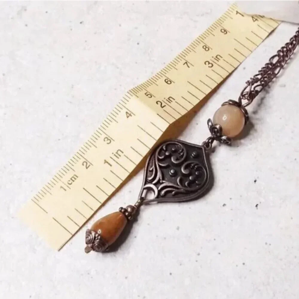 Copper Drop Y Necklace • Honey Brown Gemstones • Ornate Boho Spring Statement
